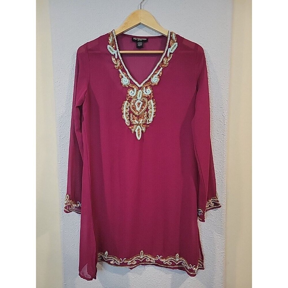 Mix Nouveau Sheer Beaded Tunic Womens‎ Small Chiffon Boho Sequins Aruba Purple